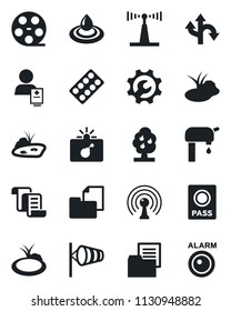 Set of vector isolated black icon - bomb in case vector, passport, wind, contract, pond, pills blister, patient, route, folder document, reel, antenna, root setup, water supply, fruit tree