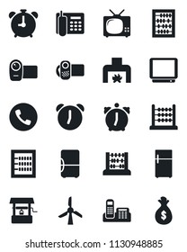 Set of vector isolated black icon - alarm clock vector, phone, abacus, well, tv, video camera, office, fireplace, fridge, windmill, money bag