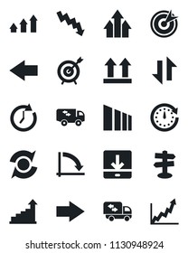 Set of vector isolated black icon - right arrow vector, left, growth statistic, crisis graph, signpost, up side sign, sorting, data exchange, download, update, moving, target, clock
