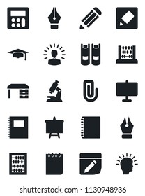 Set of vector isolated black icon - book vector, graduate, abacus, desk, notepad, presentation board, pencil, microscope, calculator, notes, copybook, paper clip, ink pen, shining head