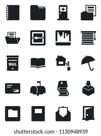 Set of vector isolated black icon - umbrella vector, medical room, book, package, mail, scanner, folder, copybook, document, mailbox, home control, jalousie, door