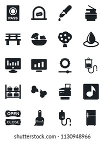 Set of vector isolated black icon - ticket office vector, passport, luggage storage, statistic monitor, water drop, bench, dropper, broken bone, themes, brightness, music, copier, fruit tree, salad
