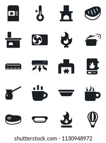 Set of vector isolated black icon - coffee machine vector, fire, fireplace, air conditioner, steak, hot dog, bowl, steaming pan, turkish, water heater, thermometer, balloon