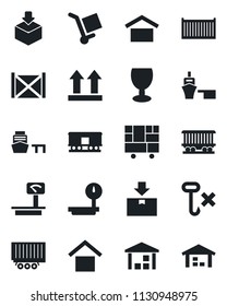 Set of vector isolated black icon - railroad vector, truck trailer, cargo container, sea port, consolidated, fragile, warehouse storage, up side sign, no hook, package, heavy scales