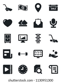 Set of vector isolated black icon - lawn mower vector, monitor pulse, barbell, pin, traffic light, clock, microphone, heart, mail, video, statistics, news, document search, archive box, sale, cash