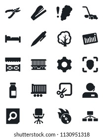 Set of vector isolated black icon - bed vector, office chair, document search, pen, tree, pruner, lawn mower, ampoule, railroad, truck trailer, barcode, flame disk, settings, cut, face id, support