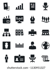 Set of vector isolated black icon - male vector, identity, manager, team, statistic monitor, earth, barcode, bar graph, ink pen, office chair, support, paper binder, mail, restaurant table, receipt