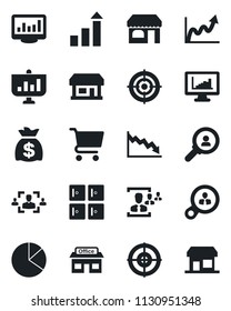 Set of vector isolated black icon - shop vector, checkroom, growth statistic, money bag, store, monitor statistics, pie graph, hr, target, consumer search, crisis, cart, presentation, storefront