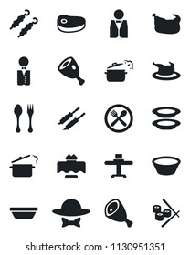 Set of vector isolated black icon - spoon and fork vector, waiter, restaurant table, cafe, plates, dress code, chicken, steak, kebab, ham, bowl, steaming pan, sushi