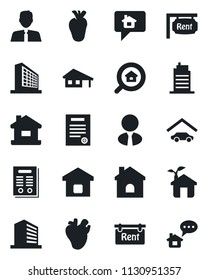 Set of vector isolated black icon - office building vector, house, real heart, contract, with garage, rent, estate search, agent, smart home, city, eco, message