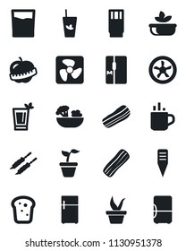Set of vector isolated black icon - hot cup vector, seedling, plant label, diet, fridge, drink, phyto bar, salad, bacon, bread, kebab, fan