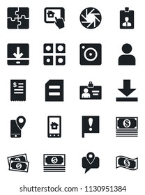 Set of vector isolated black icon - identity card vector, document, important flag, cash, mobile tracking, camera, user, download, application, restaurant receipt, home control app