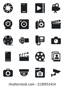 Set of vector isolated black icon - camera vector, clapboard, reel, video, phone back, mobile, photo gallery, web, intercome, surveillance