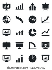 Set of vector isolated black icon - growth statistic vector, presentation board, crisis graph, monitor, circle chart, statistics, bar, pie, point, arrow up
