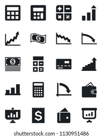 Set of vector isolated black icon - credit card vector, growth statistic, calculator, crisis graph, receipt, bar, wallet, cash, presentation