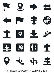 Set of vector isolated black icon - elevator vector, escalator, signpost, right arrow, left, radar, route, pin, download, place tag, compass, flag, guidepost