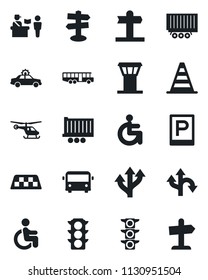 Set of vector isolated black icon - airport tower vector, taxi, bus, parking, passport control, alarm car, border cone, helicopter, disabled, route, signpost, traffic light, truck trailer, guidepost