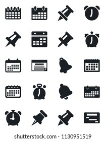 Set of vector isolated black icon - alarm clock vector, drawing pin, calendar, paper, bell, schedule