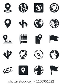 Set of vector isolated black icon - globe vector, seat map, route, navigation, earth, pin, mobile tracking, network, place tag, compass, flag