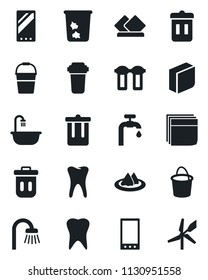 Set of vector isolated black icon - trash bin vector, bucket, tooth, mobile, blank box, water supply, bathroom, serviette, filter, windmill