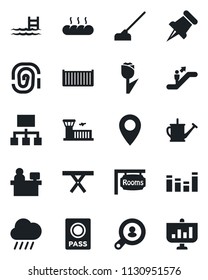 Set of vector isolated black icon - escalator vector, passport, airport building, manager place, watering can, rain, hoe, picnic table, pin, cargo container, tulip, equalizer, paper, pool, rooms