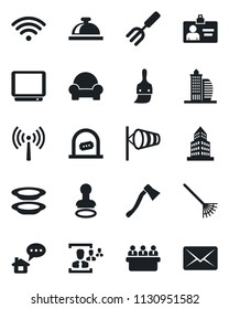 Set of vector isolated black icon - antenna vector, reception bell, ticket office, stamp, wind, identity card, meeting, garden fork, rake, axe, tv, themes, building, hr, cushioned furniture, plates