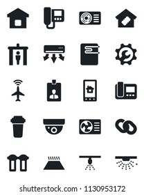 Set of vector isolated black icon - plane radar vector, security gate, identity card, chain, root setup, air conditioner, smart home, water heater, intercome, control app, filter, warm floor