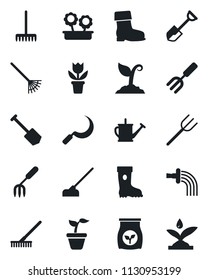 Set of vector isolated black icon - job vector, flower in pot, garden fork, shovel, farm, rake, seedling, watering can, sproute, boot, hoe, sickle, fertilizer, irrigation