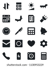 Set of vector isolated black icon - calculator vector, caterpillar, heart, call, mobile camera, settings, bell, mail, record, sim, calendar, data exchange, torch, brightness, charge, clock, pen