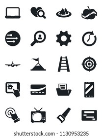 Set of vector isolated black icon - plane vector, mobile phone, ladder, saw, heart diagnostic, diet, touch screen, settings, network, document folder, target, notebook pc, tv, serviette, credit card