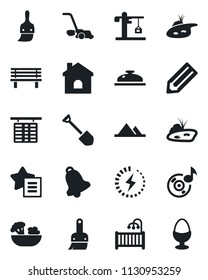 Set of vector isolated black icon - flight table vector, job, pencil, lawn mower, house, bench, favorites list, themes, bell, music, charge, pond, mountains, children room, crane, reception, salad