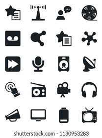 Set of vector isolated black icon - satellite antenna vector, reel, radio, loudspeaker, video camera, microphone, touch screen, speaker, headphones, monitor, share, favorites list, low battery, tv