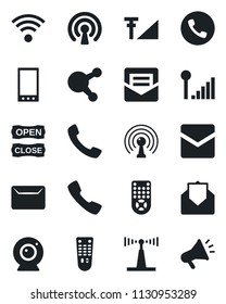 Set of vector isolated black icon - phone vector, antenna, remote control, share, mail, mobile, call, cellular signal, wireless, open close, web camera, advertising