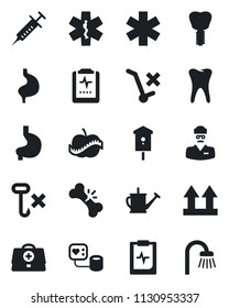 Set of vector isolated black icon - watering can vector, bird house, doctor case, syringe, blood pressure, ambulance star, stomach, tooth, implant, broken bone, pulse clipboard, diet, up side sign