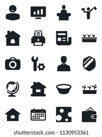 Set of vector isolated black icon - dispatcher vector, reception, globe, statistic monitor, house, seedling, patient, term, shield, camera, user, root setup, news, printer, bowl, cheese, wallet