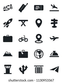 Set of vector isolated black icon - airport tower vector, suitcase, arrival, ticket, reception bell, flight table, case, picnic, bike, route, signpost, pin, plane, place tag, mountains, rocket