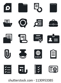 Set of vector isolated black icon - passport vector, identity, document search, notepad, reload, stamp, contract, folder, news, clipboard, paper clip, checklist, case, certificate