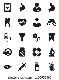 Set of vector isolated black icon - heart pulse vector, syringe, dropper, microscope, pills, bottle, ampoule, patch, tomography, stomach, caries, implant, eye, clipboard, doctor, virus