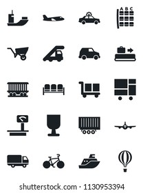 Set of vector isolated black icon - baggage conveyor vector, waiting area, alarm car, ladder, plane, seat map, wheelbarrow, bike, railroad, sea shipping, truck trailer, delivery, consolidated cargo
