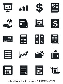 Set of vector isolated black icon - credit card vector, dollar sign, calculator, abacus, receipt, news, contract, arrow up graph, wallet, growth, investment, presentation