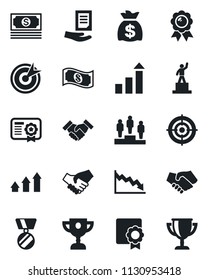 Set of vector isolated black icon - growth statistic vector, pedestal, medal, money bag, document, cash, sertificate, target, handshake, arrow up graph, crisis, certificate, award cup