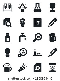 Set of vector isolated black icon - bulb vector, blood test vial, thermometer, ampoule, fragile, search cargo, torch, document, water supply, alcohol, wine card, beer, energy saving, consumer, idea