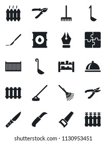 Set of vector isolated black icon - rake vector, pruner, saw, hoe, garden knife, scalpel, cargo container, oil barrel, rack, application, ink pen, heater, dish, ladle, radiator