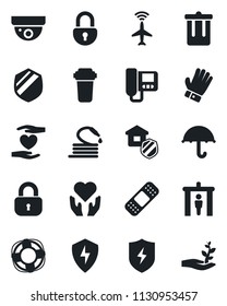 Set of vector isolated black icon - plane radar vector, security gate, trash bin, glove, hose, patch, heart hand, umbrella, shield, protect, lock, estate insurance, intercome, water filter
