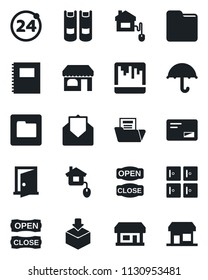 Set of vector isolated black icon - 24 around vector, shop, checkroom, book, store, umbrella, package, mail, scanner, folder, copybook, document, open close, home control, door, storefront