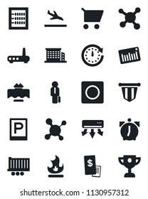 Set of vector isolated black icon - arrival vector, parking, pennant, fire, molecule, truck trailer, barcode, alarm, record, abacus, manager, office building, restaurant table, receipt, router, cart