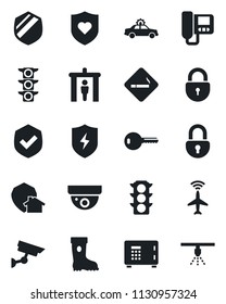 Set of vector isolated black icon - plane radar vector, security gate, smoking place, alarm car, safe, lock, boot, heart shield, traffic light, protect, key, intercome, home, surveillance, sprinkler