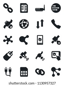 Set of vector isolated black icon - satellite vector, share, chain, rca, call, sim, network, data exchange, router, home control app, social media