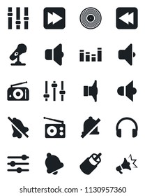 Set of vector isolated black icon - vinyl vector, microphone, radio, speaker, settings, equalizer, headphones, fast forward, rewind, rca, tuning, bell, mute, sound, advertising