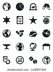 Set of vector isolated black icon - no laptop vector, ticket office, globe, document reload, pills, diet, earth, pie graph, table, police, alarm led